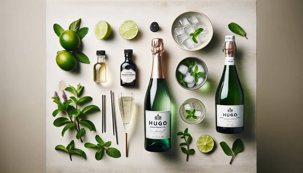 German Hugo drink ingredients with mint and lime
