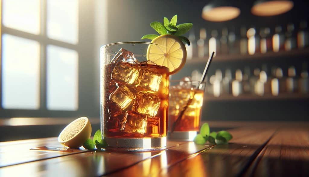 iced tea lemonade rum cocktail with lemon and mint