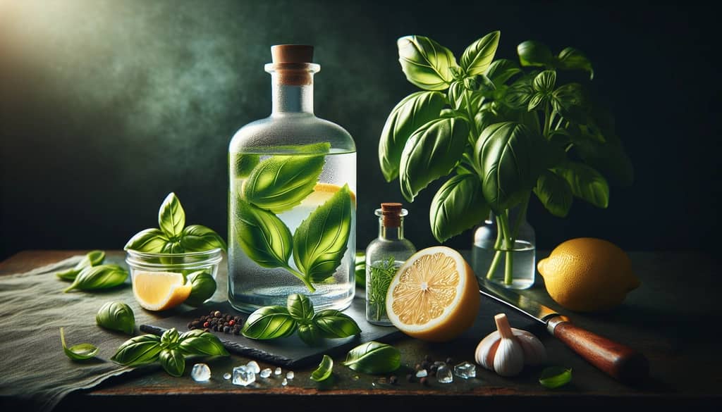 Ingredients for a Gin Basil Smash, including gin, fresh basil, and lemon.