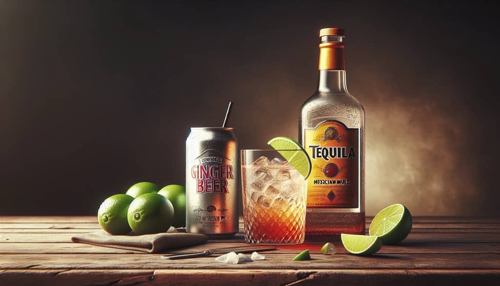 Ingredients for a Mexican Mule including tequila, ginger beer, and lime.