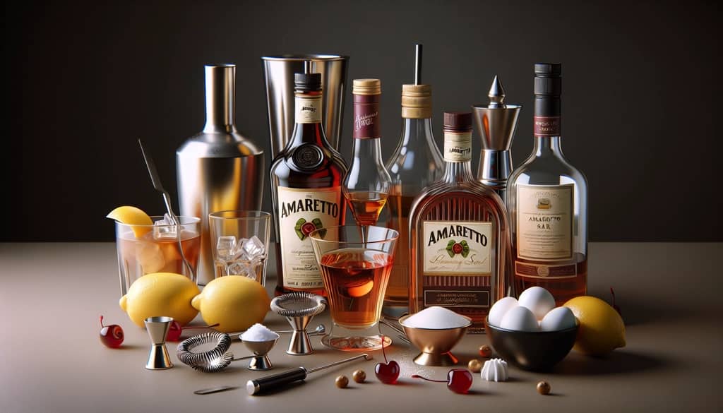 Ingredients for making a perfect Amaretto Sour cocktail