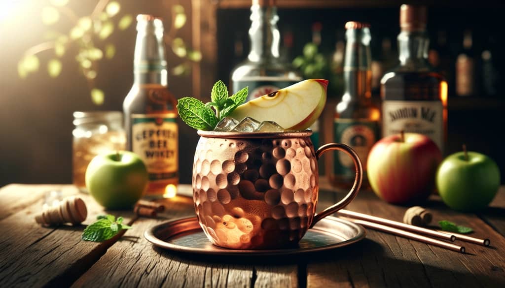 Mula de manzana irlandesa en jarra de cobre con rodaja de manzana como adorno