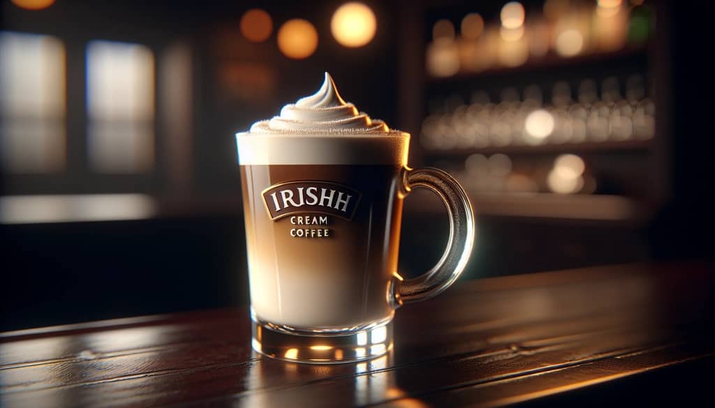 Irish Cream Coffee in a clear glass mug with cream