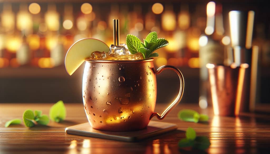 irish whiskey apple mule in a copper mug with apple garnish