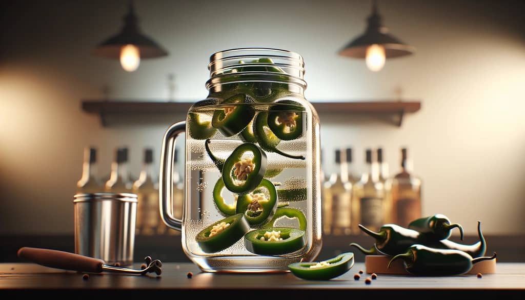 tequila being infused with fresh jalapeno in glass jar