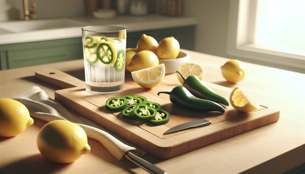 jalapeno slices and fresh lemonade ingredients on a cutting board
