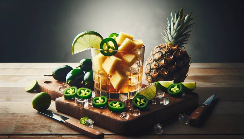 fresh ingredients for jalapeño pineapple margarita on a wood cutting board