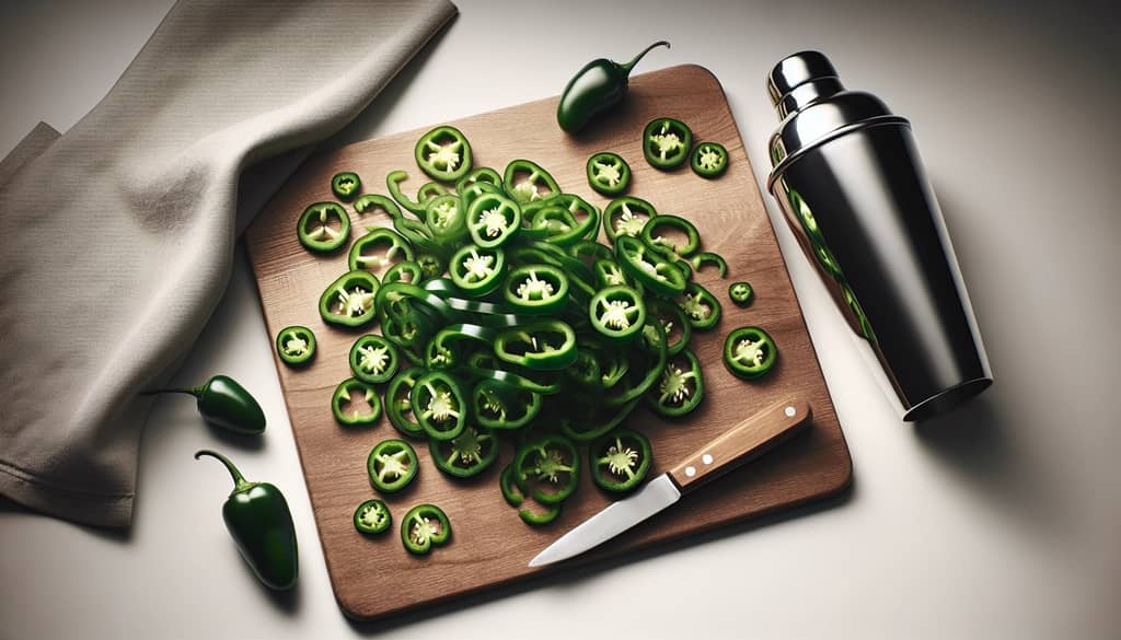jalapeno slices on a cutting board beside a cocktail shaker
