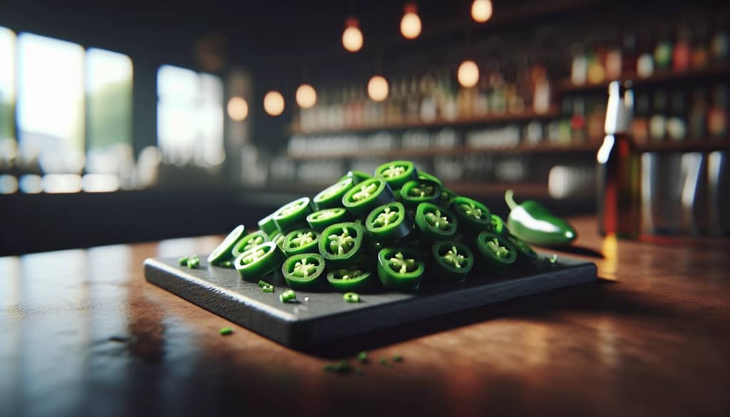 Jalapeno-Scheiben auf Holzbar-Oberfläche