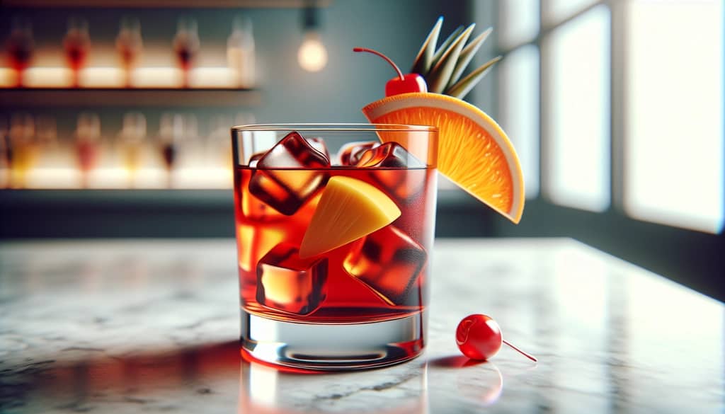 authentic jamaican rum punch served in a rocks glass with fruit garnish