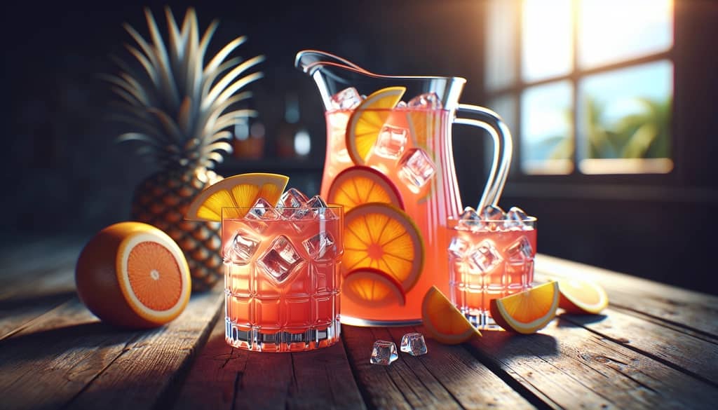 jamaican rum punch pitcher with glasses and fruit