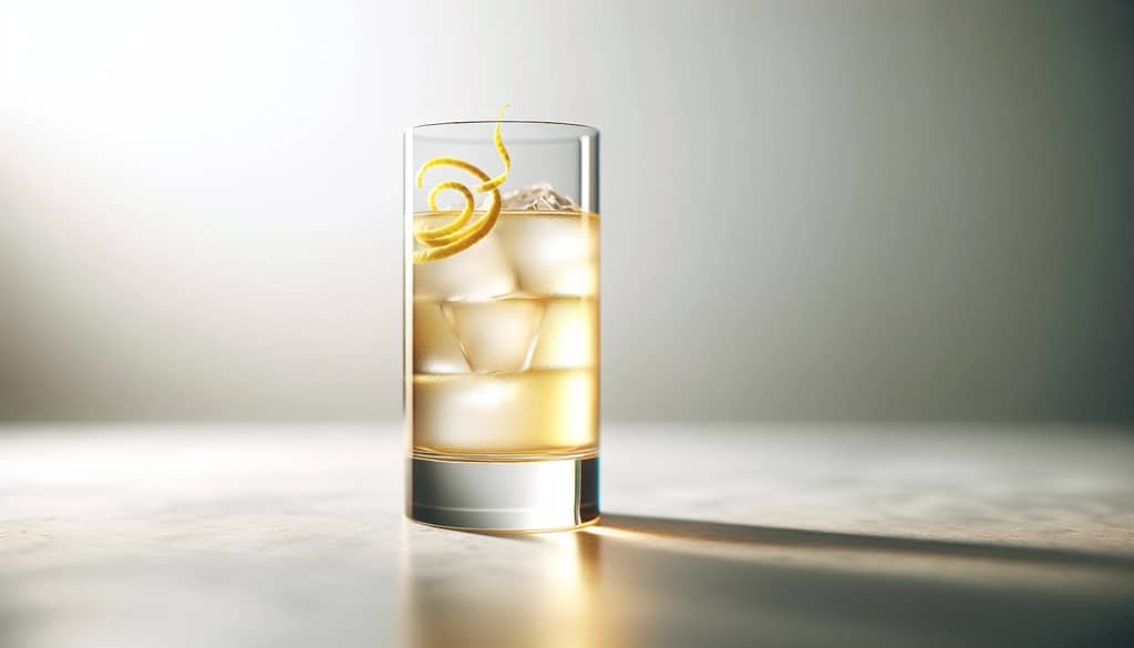highball japonés en vaso alto con hielo transparente y twist de limón