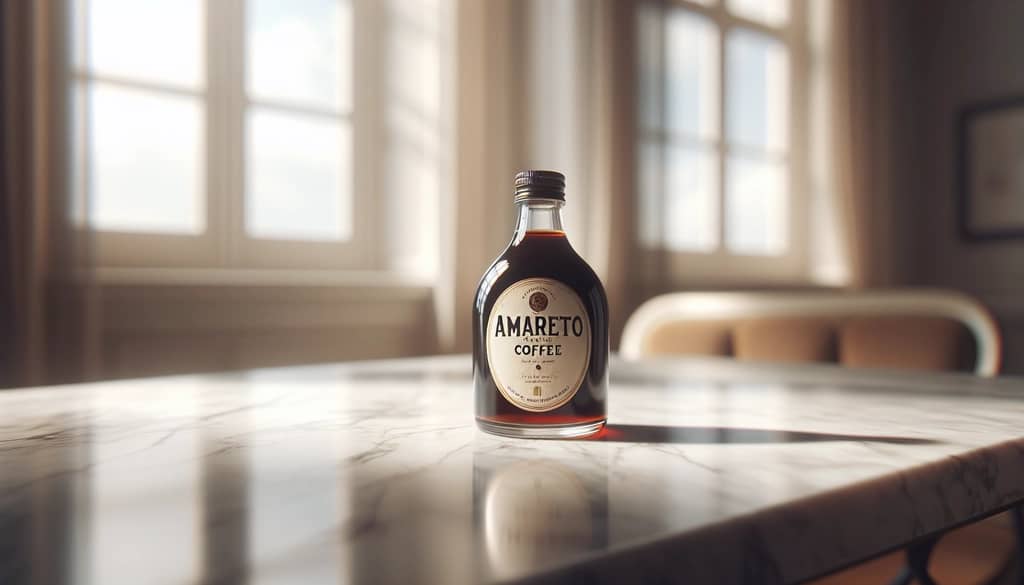 sirup kopi amaretto dalam botol kaca kecil