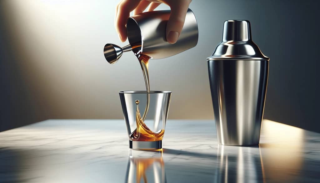 Cocktail jigger pouring maple syrup into shaker