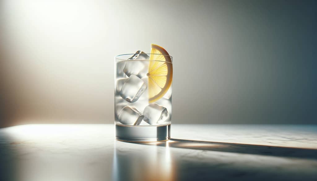 john collins con ruota di limone in bicchiere highball