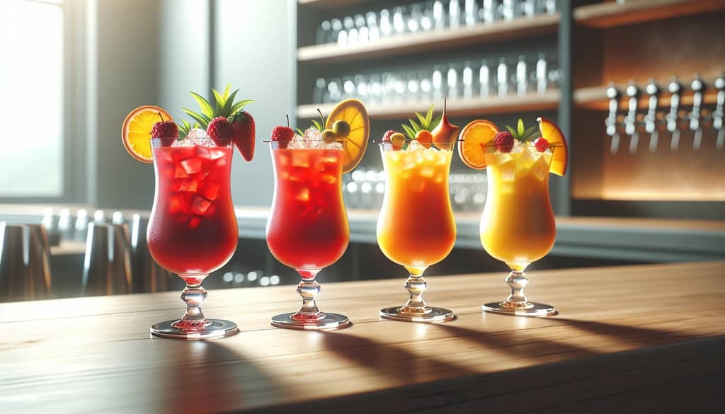variety of juice mocktails with colorful fruit garnishes