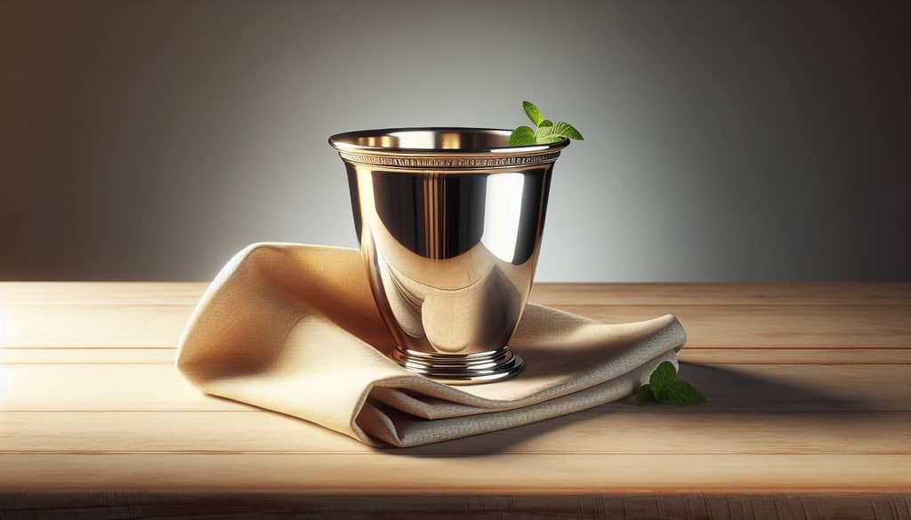 polishing a julep cup with a soft cloth
