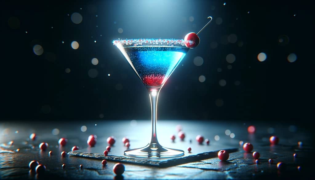 Martini glass with a vibrant July Fourth martini
