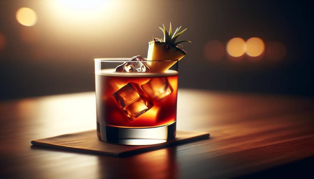 jungle bird cocktail in rocks glass with pineapple garnish