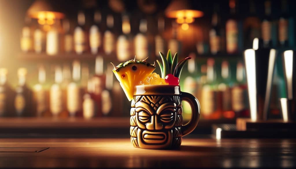 jungle bird cocktail in a tiki mug with tropical garnish