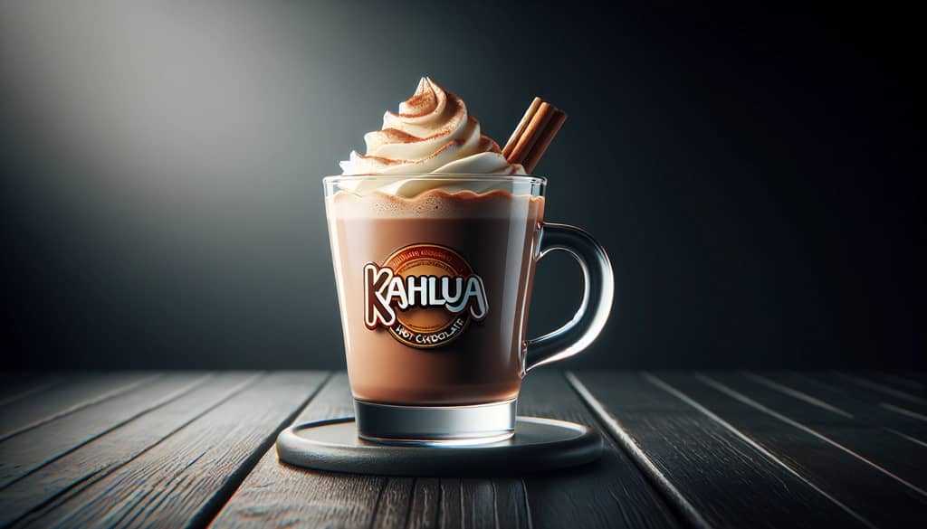 Kahlua hot chocolate in a glass mug with whipped cream and cinnamon stick