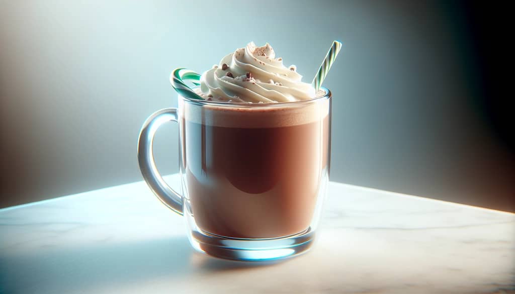 Kahlua hot chocolate with peppermint stick garnish on marble