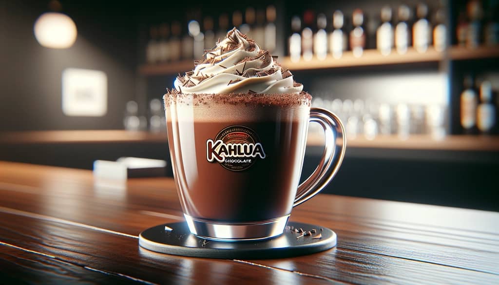 Chocolat chaud Kahlua dans une tasse transparente avec crème fouettée et garniture de copeaux de chocolat