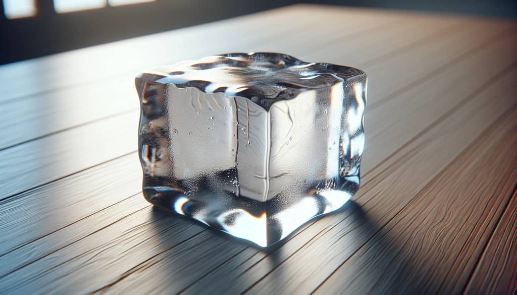 large clear cocktail ice cube on wood
