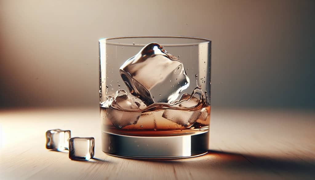 large clear ice in rocks glass for cocktail