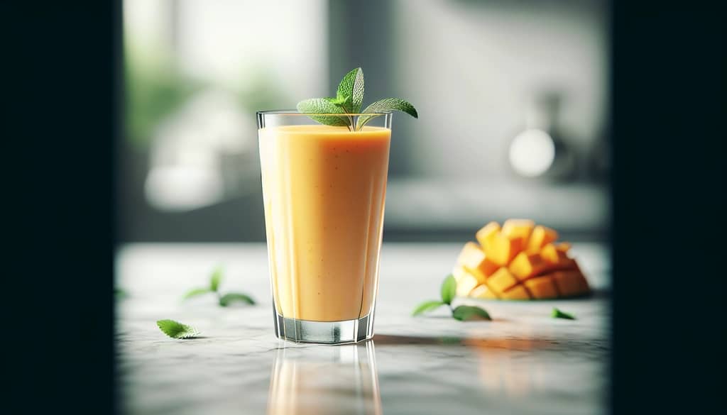 lassi yogurt drink in tall glass with sprig of mint
