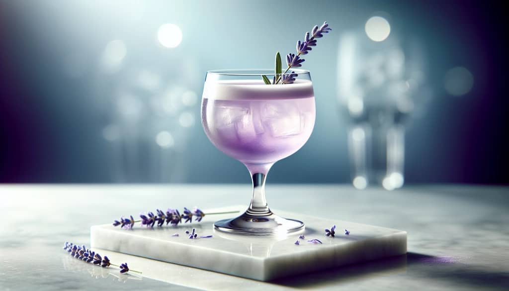 lavender sprigs as garnish in a pale cocktail