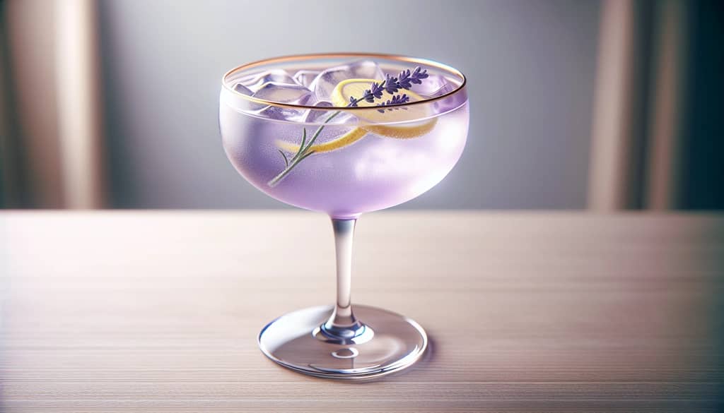 lavender gin champagne variations in coupe glass with lemon twist