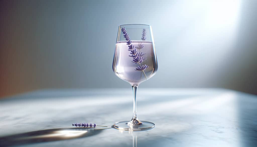 Lavendel-Gin-Champagner-Cocktail im Flötenglas mit Lavendelzweig