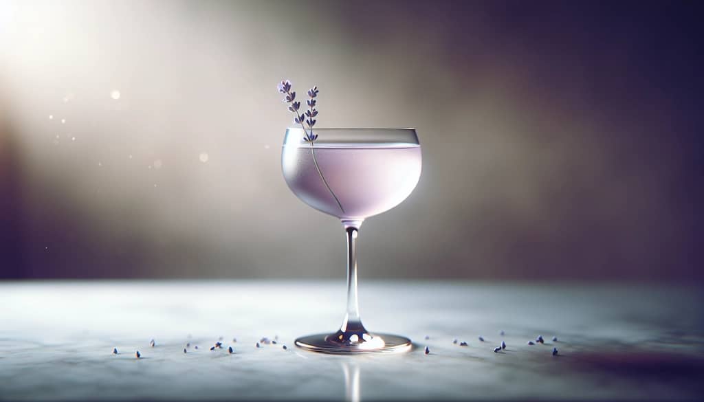 cóctel de ginebra con lavanda en copa coupe con adorno de ramita de lavanda