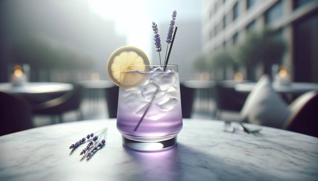 tom collins glass with lavender and gin cocktail on outdoor table