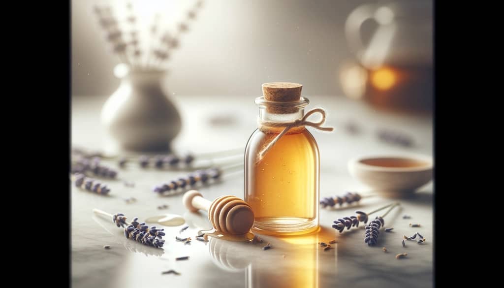 sirop de miel de lavande dans une bouteille en verre avec de la lavande séchée