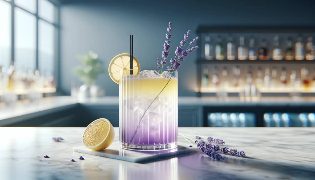 Lavender lemonade cocktail in a highball glass with lemon wheel and lavender