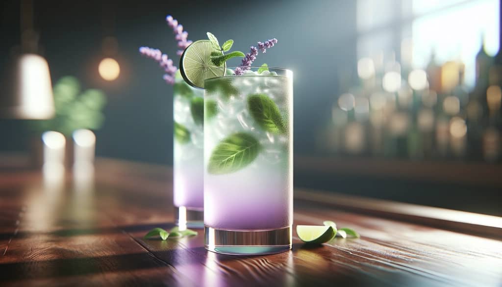 Lavender mojito in a tall glass with mint and lime