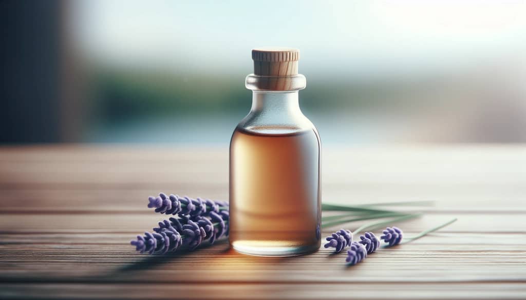 lavender syrup in a small glass bottle with fresh lavender sprig