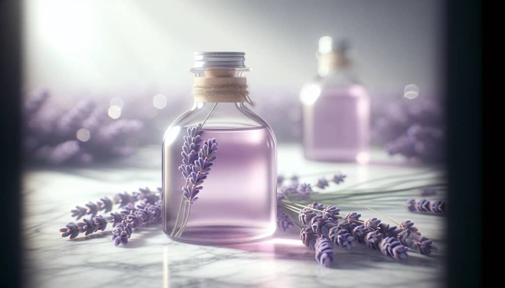 clear lavender syrup bottle on marble