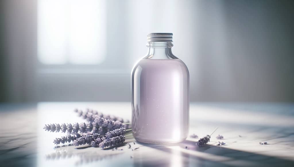 Botella de jarabe de lavanda sobre superficie de mármol