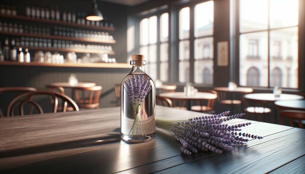Lavender syrup with fresh lavender on cafe bar