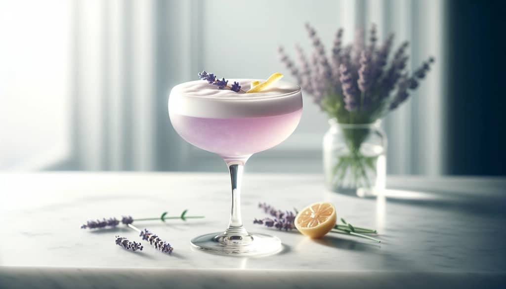 coupe glass with lavender syrup gin cocktail, foam and lemon garnish