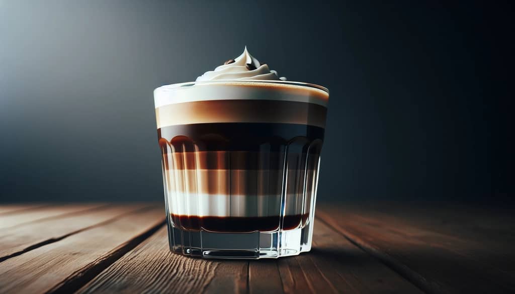layered coffee cocktail in a clear glass with sharp cream and coffee layers