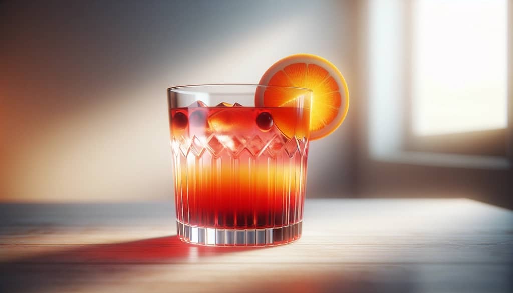 Cocktail mit geschichteten Fruchtsäften und Zitrusgarnitur