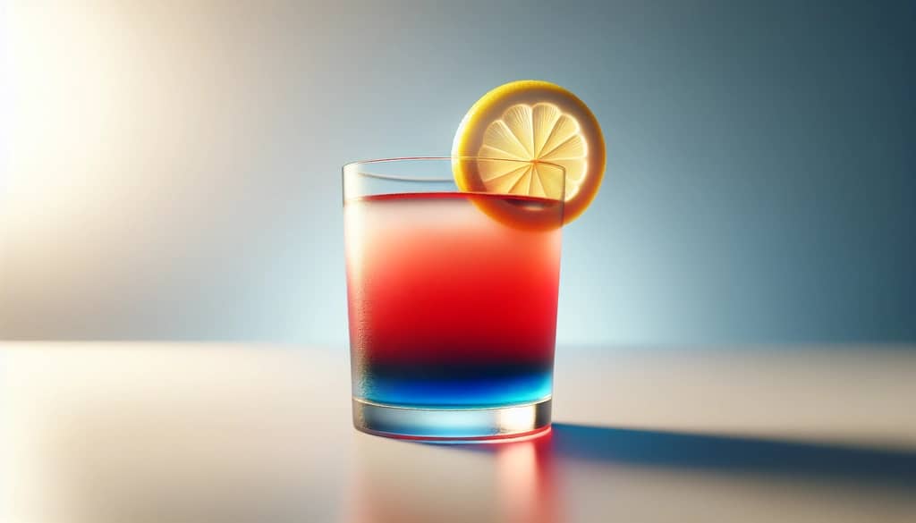 layered mocktail with a lemon wheel and vivid colors