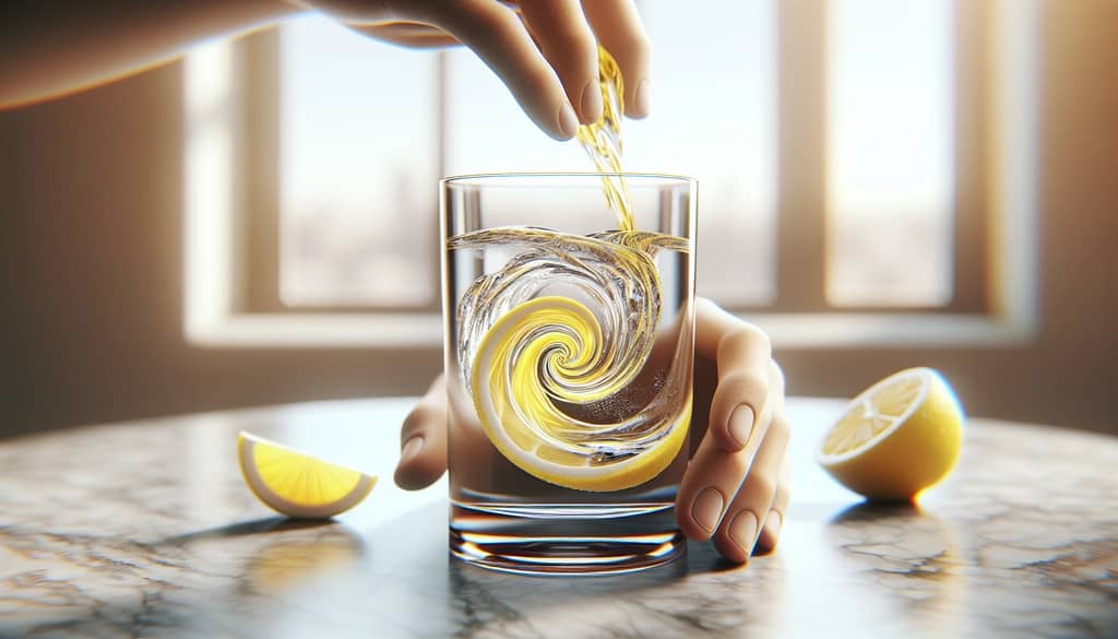 Lemon juice being squeezed into a clear tumbler with water