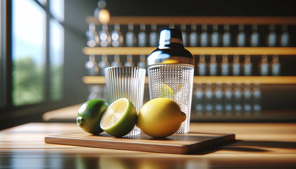 lemon and lime wedges beside clear cocktail shaker