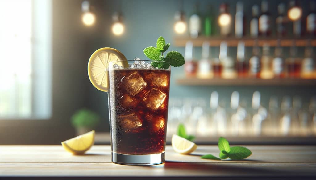 cola mocktail with lemon wheel and mint on wood