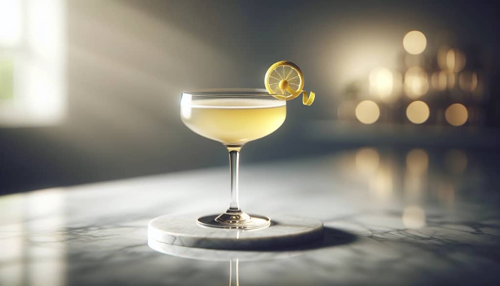 cocktail with lemon twist garnish in coupe glass